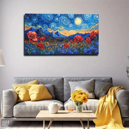 Starry Night With Yellow Moon Wall Art Canvas Office Home Room Framed 120x60cm. - Bella Home Decor