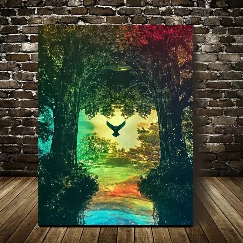 Vibrant Owl in Mid Flight Lush Green Painting 40x60cm Metal Print Ready to Hang