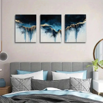 3pcs Abstract Blue & Golden Drip Painting Wall Art Set Canvas Framed 50x70cm - High Quality Print 100% Australian Made Wall Canvas Ready to Hang - Bella Home Decor