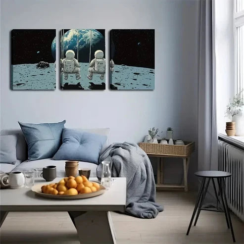 3pcs Astronauts on Moon with Earth View Wall Art Set Canvas Unframed - High Quality Print 100% Australian Made Wall Canvas - Bella Home Decor