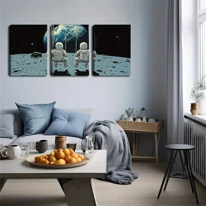 3pcs Astronauts on Moon with Earth View Wall Art Set Canvas Unframed - High Quality Print 100% Australian Made Wall Canvas - Bella Home Decor