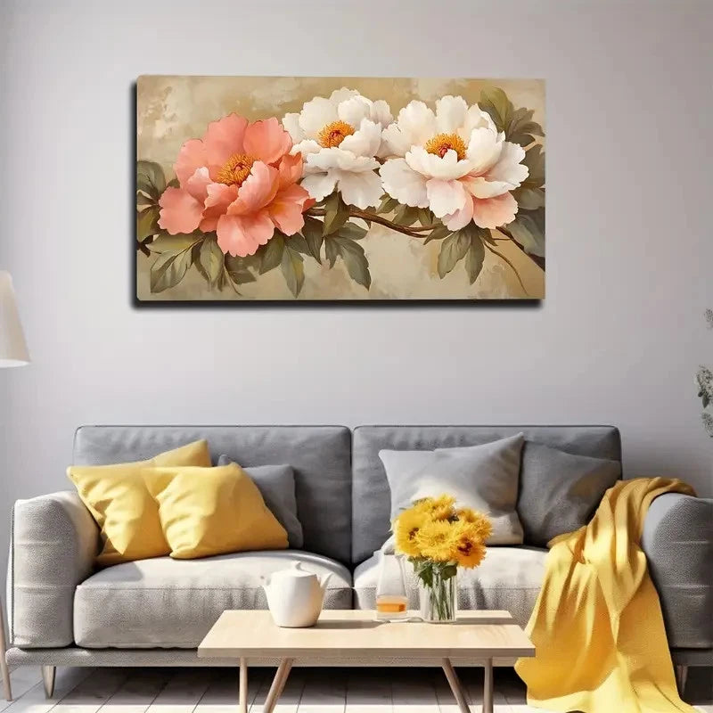 Floral painting above a gray sofa with yellow and gray cushions in a living room.
