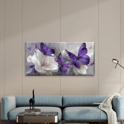 Purple Butterflies Floral Theme Wall Art Canvas Office Home Room Framed 120x60cm - Bella Home Decor