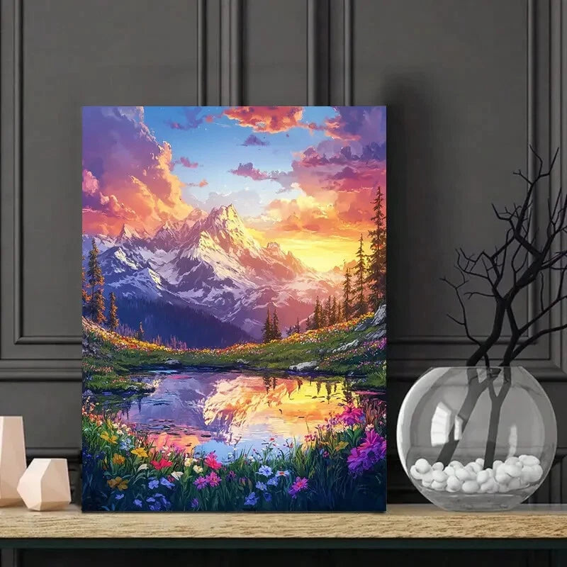 Beautiful Landscape Painting of Mountains, Flowers  40x60cm Metal Print Ready to Hang