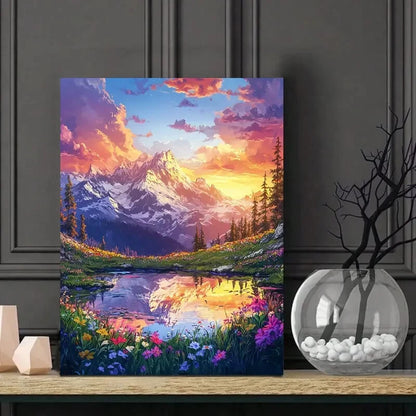 Beautiful Landscape Painting of Mountains, Flowers  40x60cm Metal Print Ready to Hang
