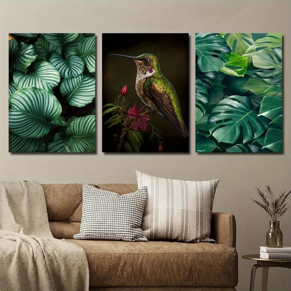 3pcs Plant Leaves And Hummingbird Metal Print Ready to Hang Art - Bella Home Decor