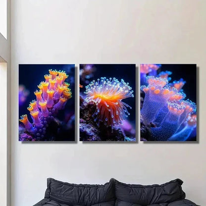 3pcs Luminous Underwater Coral and Marine Life Wall Art Canvas Unframed - High Quality Print 100% Australian Made Wall Canvas