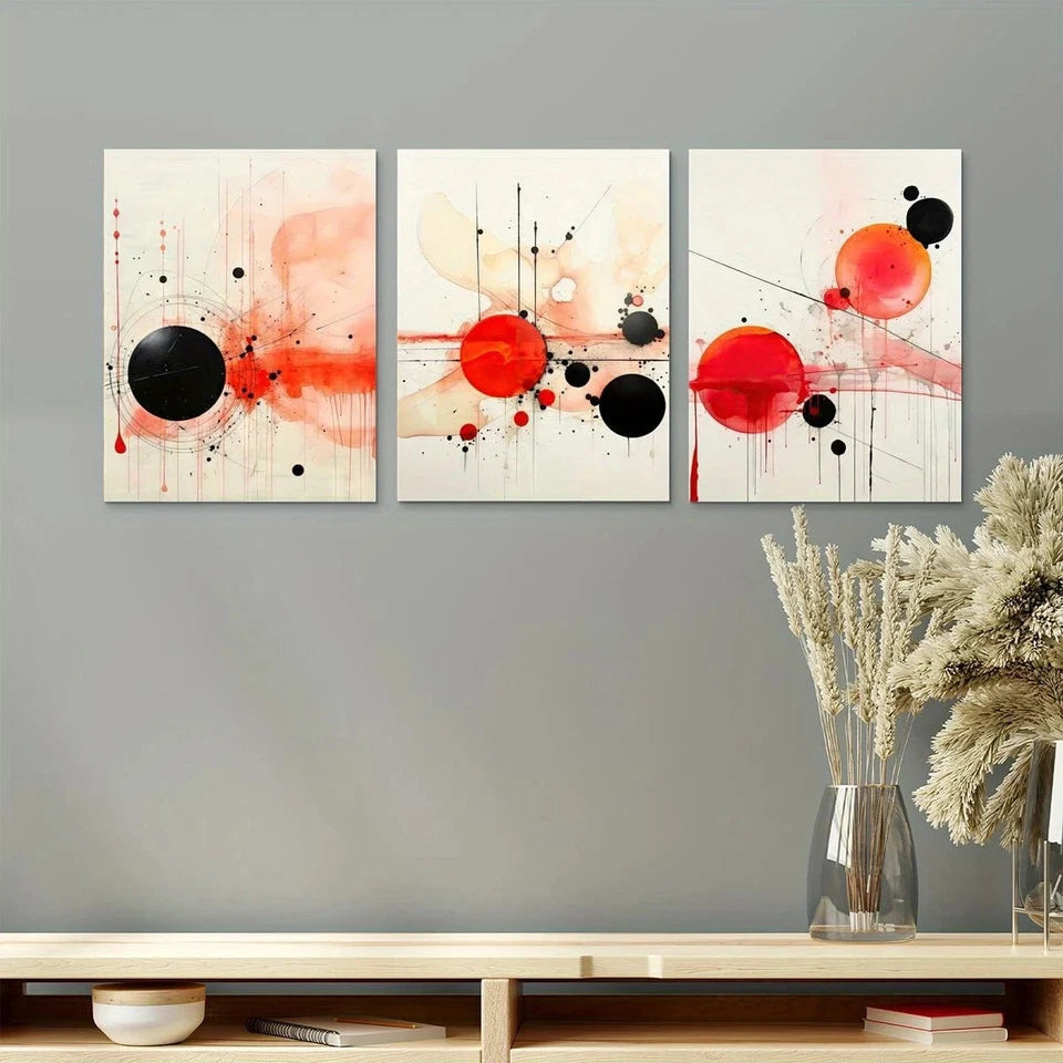 3pcs Geometric Abstract Black & Red Circles Metal Print Ready to Hang Art - Bella Home Decor