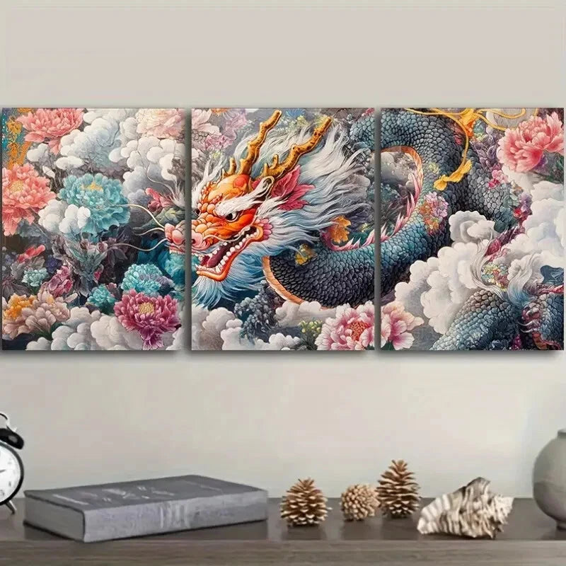 3pcs Vibrant Chinese Dragon Colourful Metal Print Ready to Hang Art - Bella Home Decor