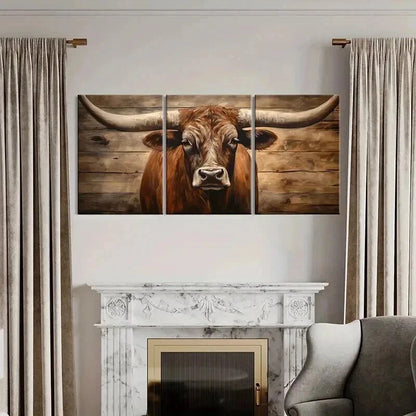 3pcs Vintage Rustic Texas Longhorn Cow Wall Art Set Canvas Framed 50x70cm - High Quality Print 100% Australian Made Wall Canvas Ready to Hang - Bella Home Decor