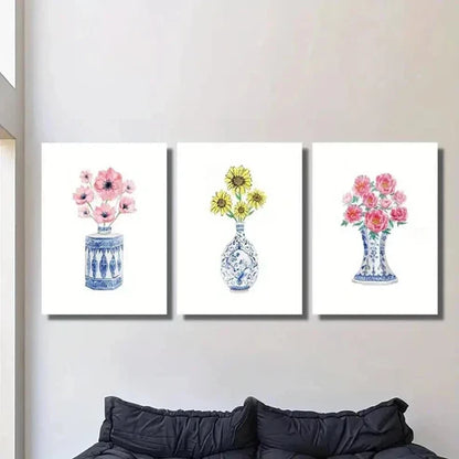3pcs Chinese Style Blue and White Porcelain Vase Wall Art Canvas Unframed - High Quality Print 100% Australian Made Wall Canvas - Bella Home Decor