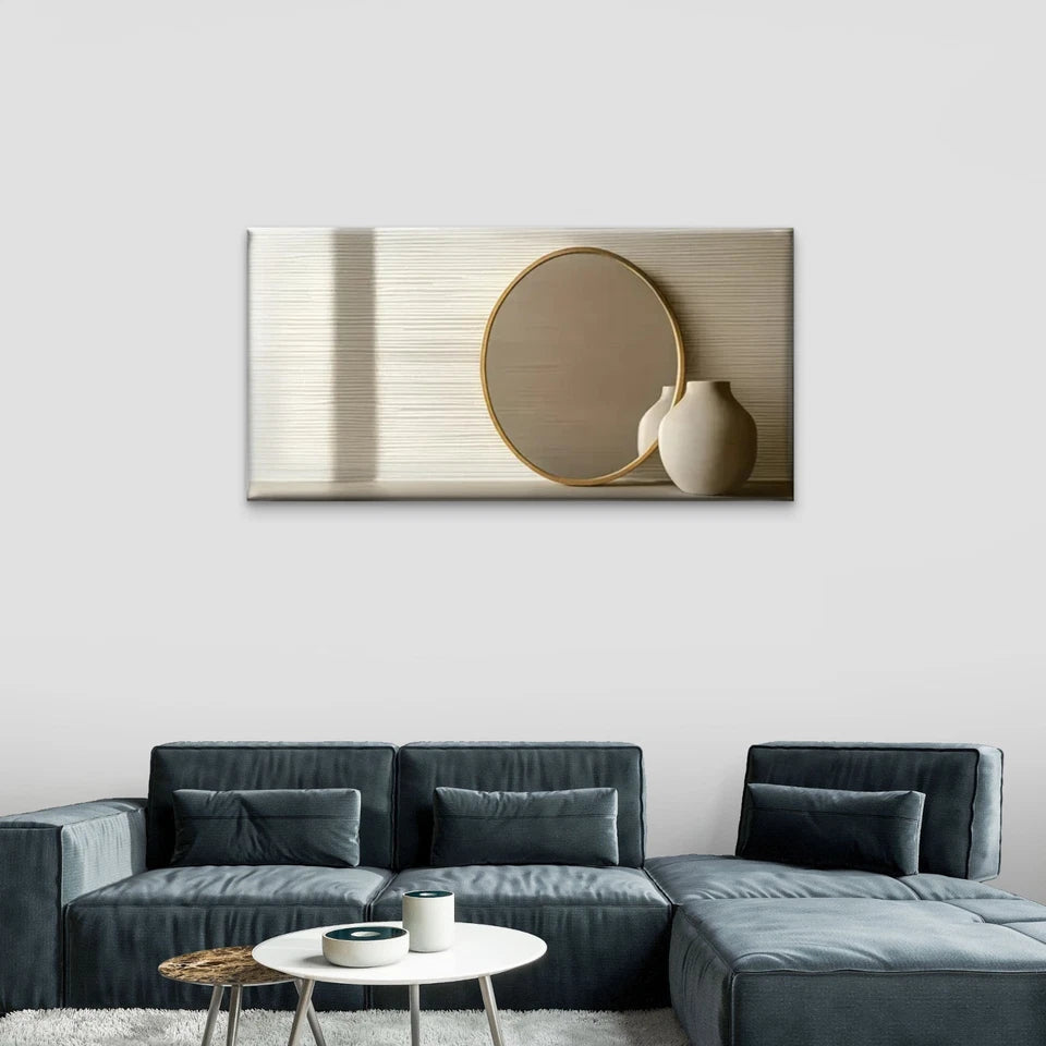 Golden Frame Round Mirror White Wall Art Canvas Office Home Room Framed 120x60cm
