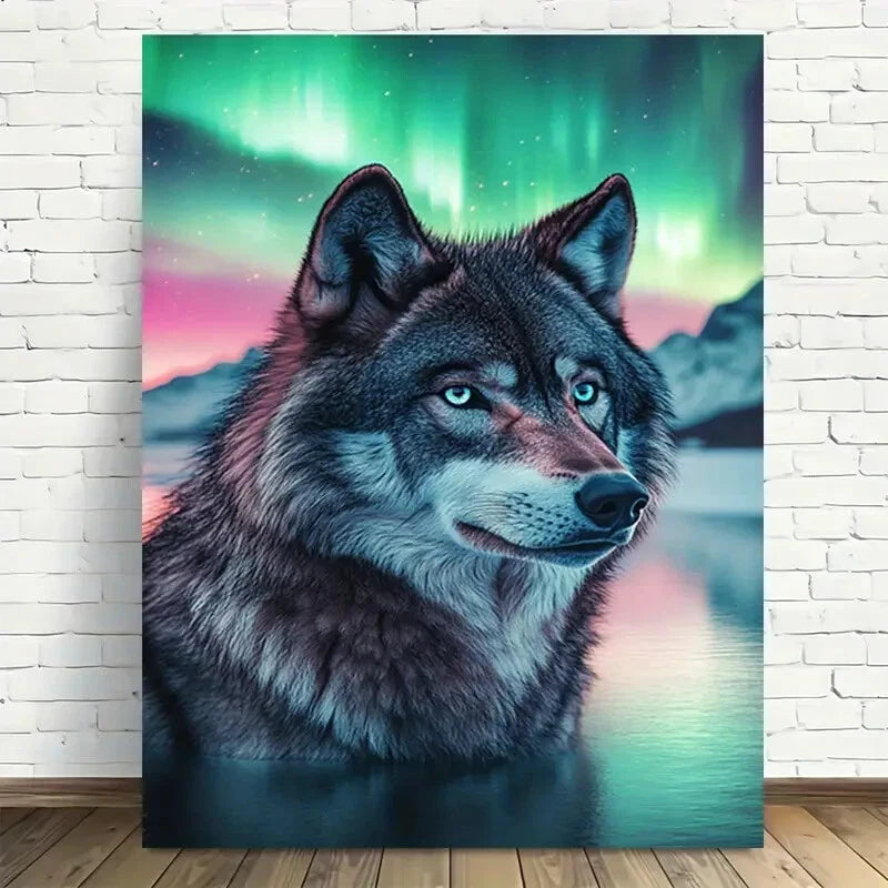 Beautiful Aurora Wolf Vibrant Northern Painting 40x60cm Metal Print Ready to Hang - Bella Home Decor