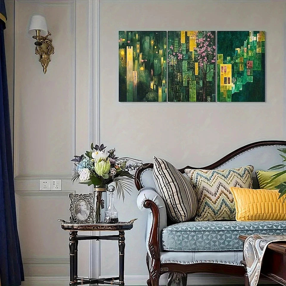 Living room with a sofa, decorative pillows, a small table with flowers, and a colorful abstract painting on the wall.