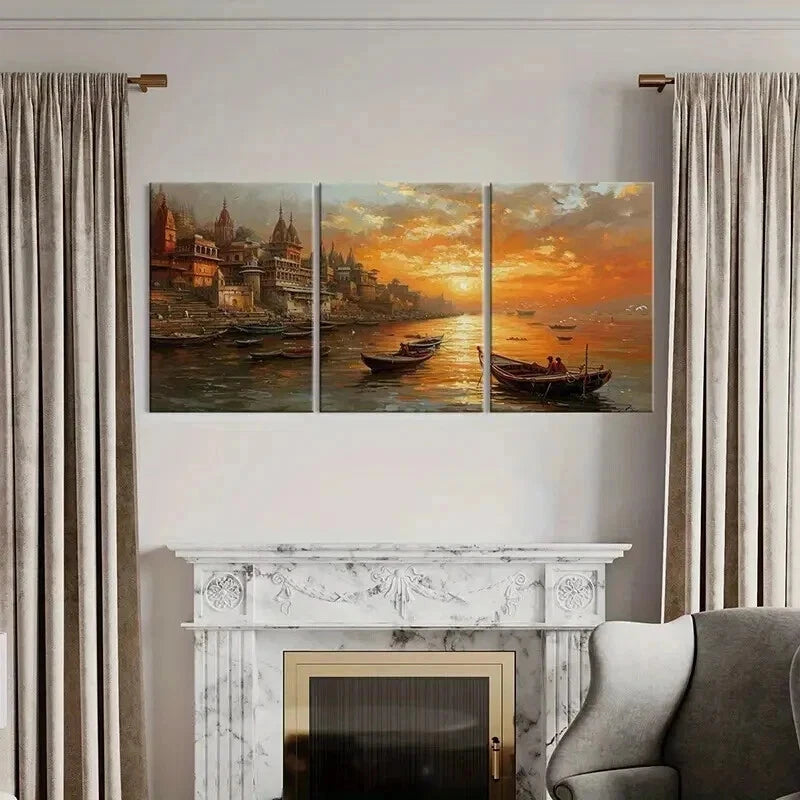 3pcs Sunset Cityscape with Golden Sky Reflection Wall Art Set Canvas Framed 60x90cm - High Quality Print 100% Australian Made Wall Canvas Ready to Hang - Bella Home Decor