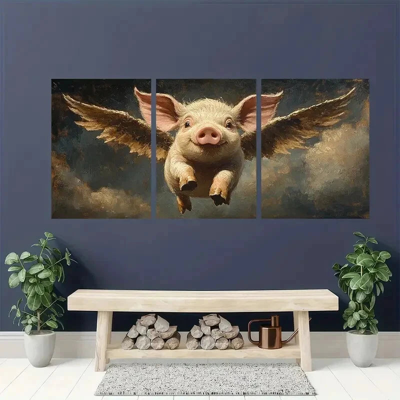 3pcs Vintage Flying Pig with Wings Metal Print Ready to Hang Art - Bella Home Decor