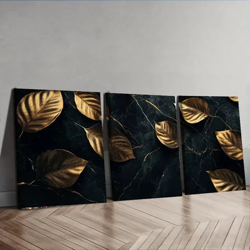 3pcs Black and Gold Plants Nature Leaf Perfect Wall Art Set Canvas Unframed - High Quality Print 100% Australian Made Wall Canvas - Bella Home Decor