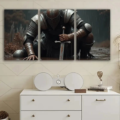 3pcs Medieval Knight In Armor With Sword Wall Art Set Canvas Framed 60x90cm - High Quality Print 100% Australian Made Wall Canvas Ready to Hang