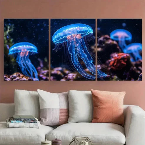 3pcs Neon Blue Jellyfish Aquarium Perfect Wall Art Set Canvas Framed 40x60cm - High Quality Print 100% Australian Made Wall Canvas Ready to Hang