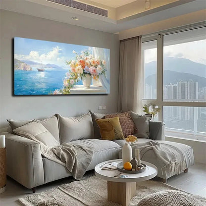 Serene Seascape & Floral Wall Art canvas office home room framed 120x60cm