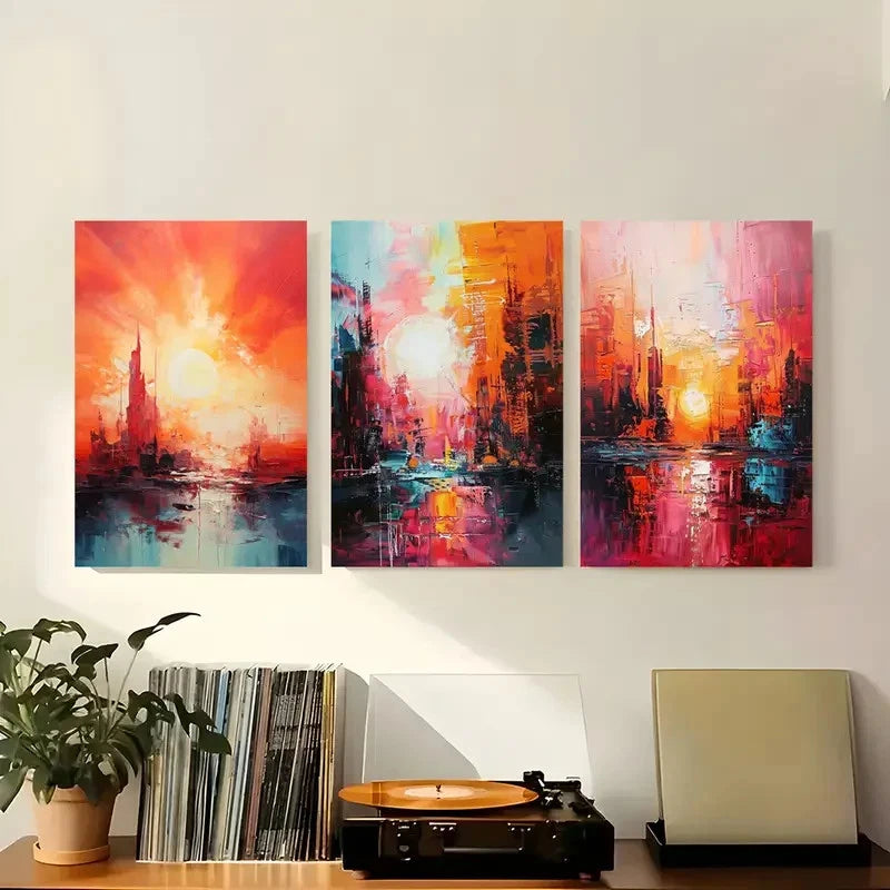 3pcs Abstract Sunset Colorful Cityscape Metal Print Ready to Hang Art - Bella Home Decor