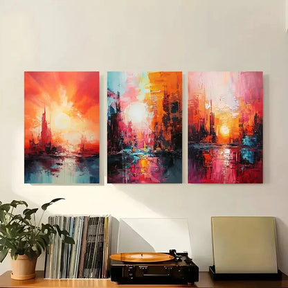 3pcs Abstract Sunset Colorful Cityscape Metal Print Ready to Hang Art - Bella Home Decor
