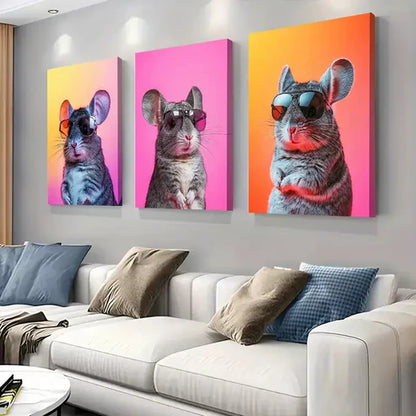 3pcs Cool Chinchilla in Glasses Triptych Wall Art Set Wall Art Canvas Unframed - High Quality Print 100% Australian Made Wall Canvas - Bella Home Decor