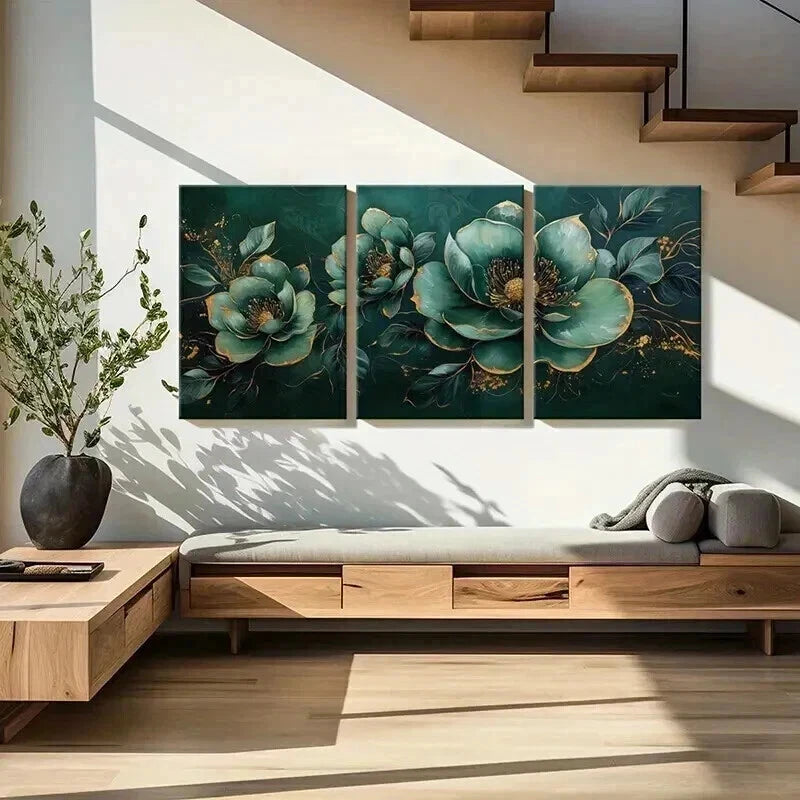 3pcs Teal Floral with Golden Accents Metal Print Ready to Hang Art - Bella Home Decor