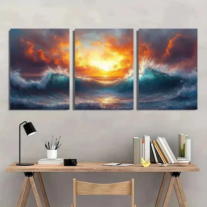 3pcs Depiction Of Ocean Waves luminated By Sun Wall Art Canvas Unframed - High Quality Print 100% Australian Made Wall Canvas - Bella Home Decor