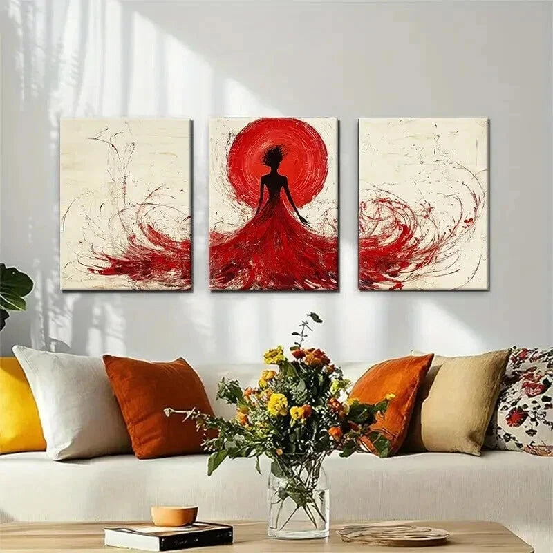 3pcs Elegant Red Dress Silhouette Perfect Wall Art Set Canvas Framed 60x90cm - High Quality Print 100% Australian Made Wall Canvas Ready to Hang - Bella Home Decor