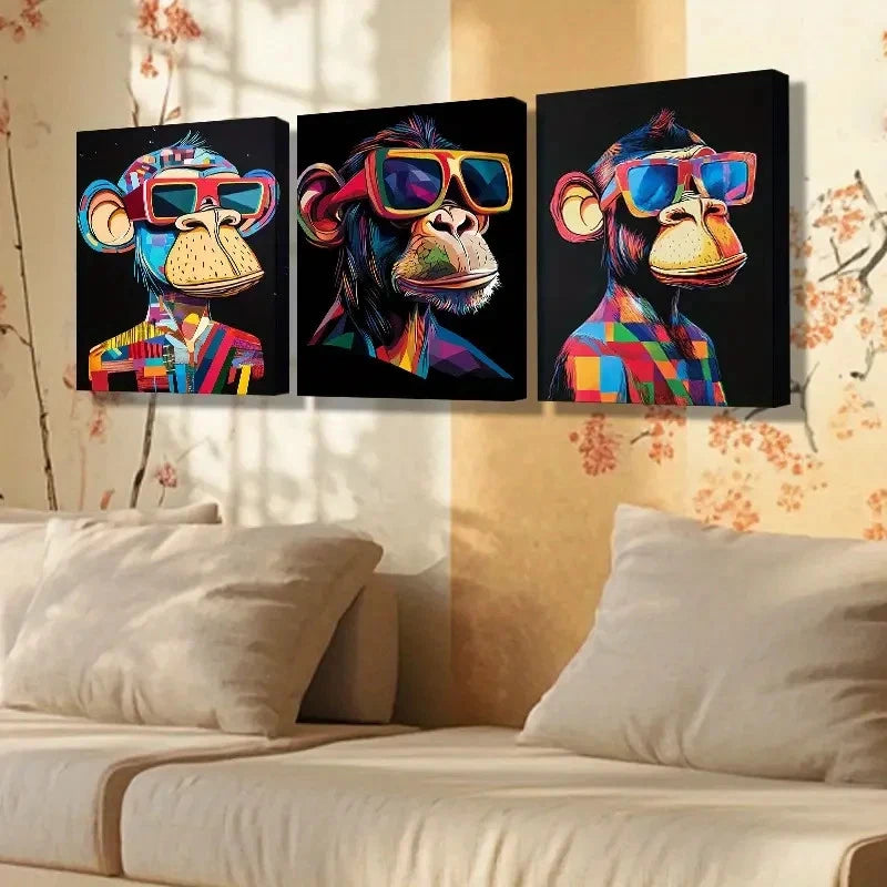 3pcs Fashion Glasses Monkey  FGM  Wall Art Canvas Framed 40x60cm - High Quality Print 100% Australian Made Wall Canvas Ready to Hang