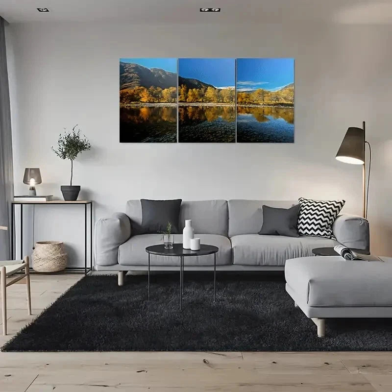 3pcs Golden Autumn Foliage & Calming Waters Metal Print Ready to Hang Art - Bella Home Decor