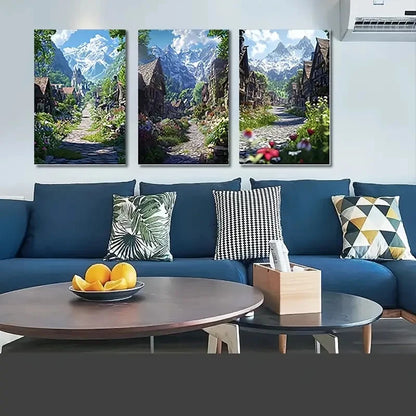 3pcs Fantasy Mountain Village  Framed Wall Art Set Canvas Framed 50x70cm - High Quality Print 100% Australian Made Wall Canvas Ready to Hang