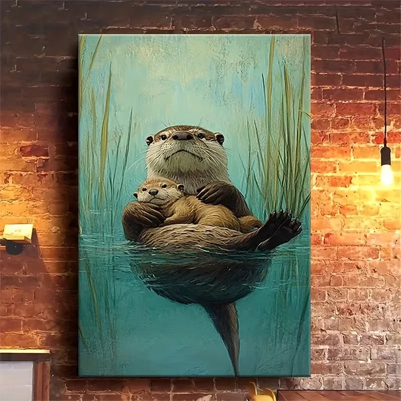 Serene Otter & Cub Oil Painting 60x90cm Metal Print Ready to Hang