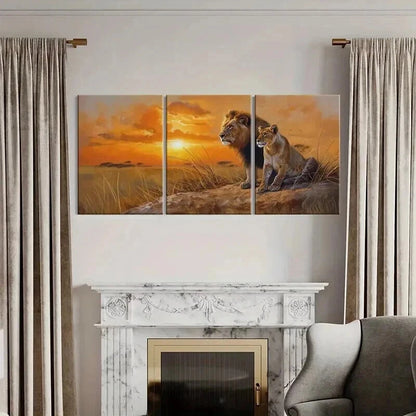 3pcs Lion Couple Sunset Grassland Majesty Wall Art Set Canvas Framed 40x60cm - High Quality Print 100% Australian Made Wall Canvas Ready to Hang