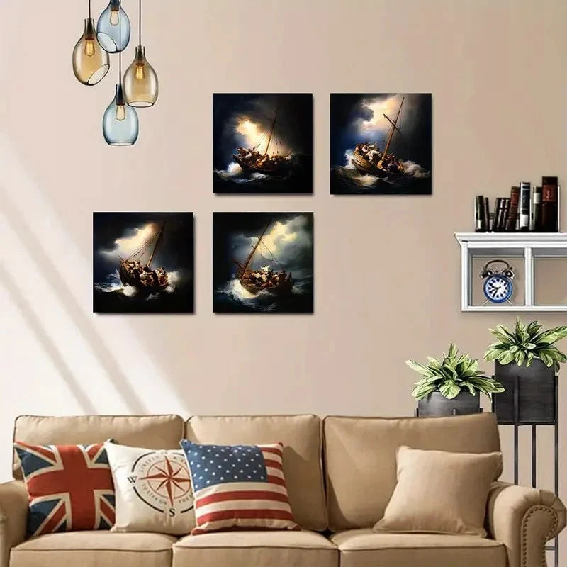 4pcsStorm on the Sea of Galilee Biblical Scene,Wall Art Canvas Framed