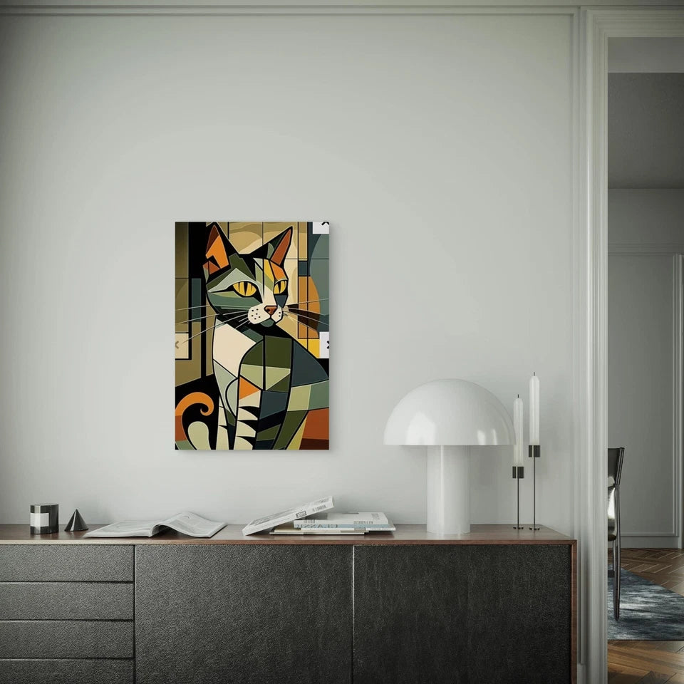 Olive - Toned Geometric Cat 60x90cm Metal Print Ready to Hang