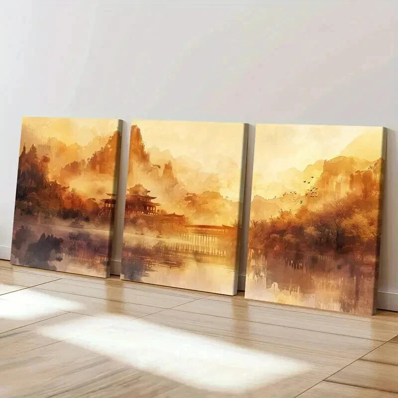 3pcs Chinese Traditional Yellowish Decor Wall Art Set Canvas Framed 60x90cm - High Quality Print 100% Australian Made Wall Canvas Ready to Hang - Bella Home Decor