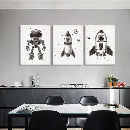 3pcs Retro Space Rocket & Astronaut Wall Art Canvas Unframed - High Quality Print 100% Australian Made Wall Canvas