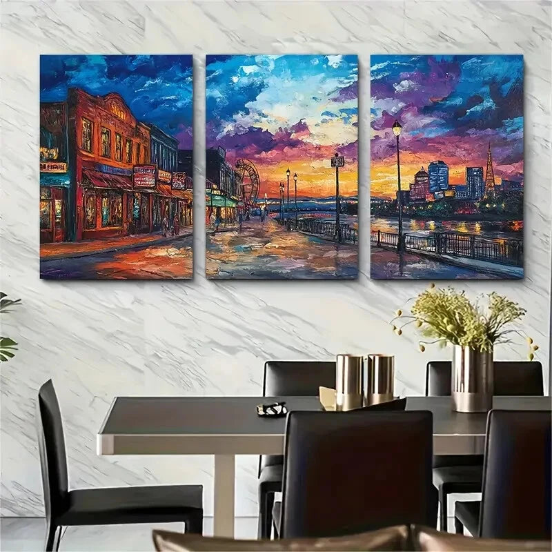 3pcs Memphis Sunset Nighttime Cityscape Perfect Wall Art Set Canvas Framed 40x60cm - High Quality Print 100% Australian Made Wall Canvas Ready to Hang - Bella Home Decor
