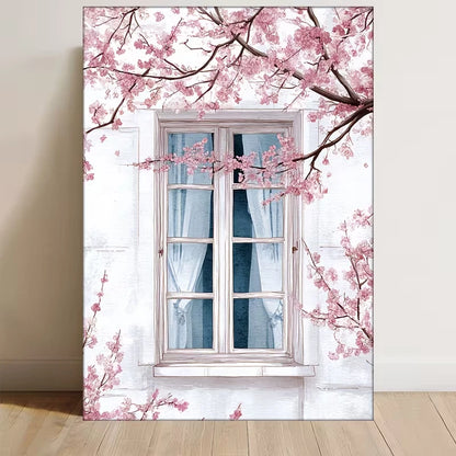 Vintage French Window with Cherry Blossoms  60x90cm Metal Print Ready to Hang