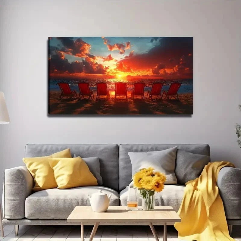 Sunset Beach Chair Perfect Wall Art Canvas Office Home Room Framed 120x60cm