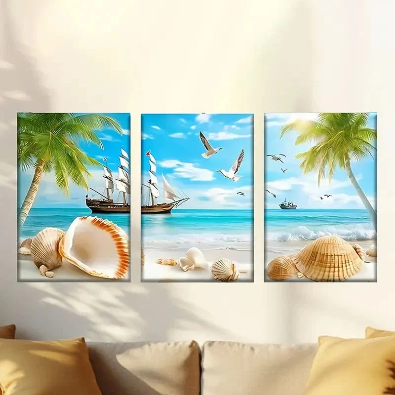 3pcs  beach scene with a sail and shells  Wall Art Set Canvas Framed 60x90cm - High Quality Print 100% Australian Made Wall Canvas Ready to Hang - Bella Home Decor
