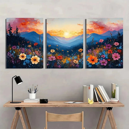 3pcs Romantic Wildflower Meadow Sunset Wall Art Set Canvas Framed 40x60cm - High Quality Print 100% Australian Made Wall Canvas Ready to Hang