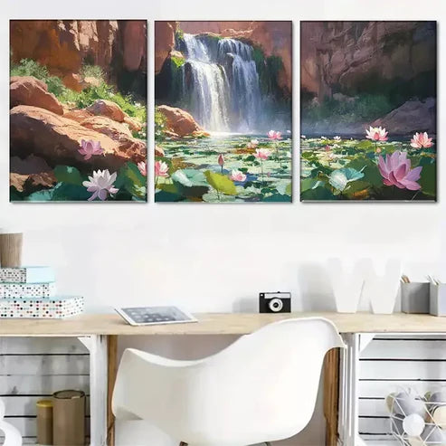 3 PCS Natural Waterfall And Lotus Landscape Wall Art Set Canvas Unframed - High Quality Print 100% Australian Made Wall Canvas