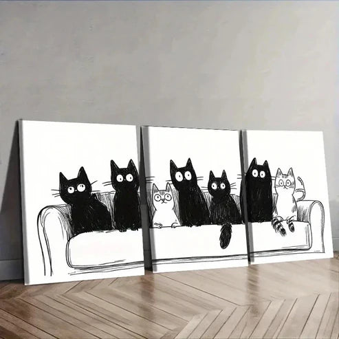 3pcs Black & White Cats Sitting on Couch  Wall Art Set Canvas Unframed - High Quality Print 100% Australian Made Wall Canvas - Bella Home Decor