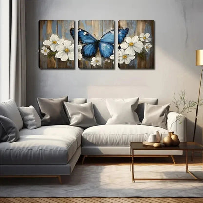 3pcs Blooming Flowers & Blue Butterfly Perfect Wall Art Set Canvas Framed 50x70cm - High Quality Print 100% Australian Made Wall Canvas Ready to Hang - Bella Home Decor