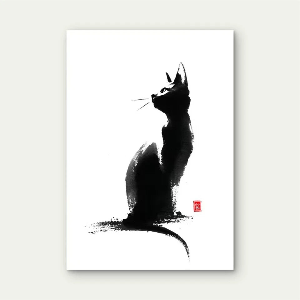 Japanese Black Cat Sumi-E Asian Calligraphy 60x90cm Metal Print Ready to Hang