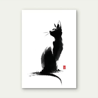 Japanese Black Cat Sumi-E Asian Calligraphy 60x90cm Metal Print Ready to Hang