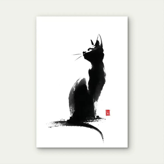 Japanese Black Cat Sumi-E Asian Calligraphy 60x90cm Metal Print Ready to Hang